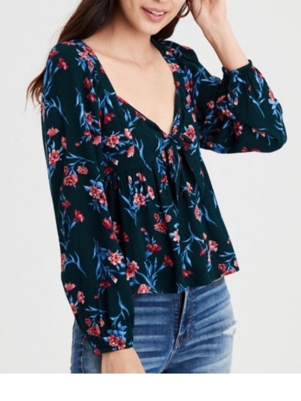 American Eagle Outfitters Dark Green Floral Tie-Front Long Sleeve Top